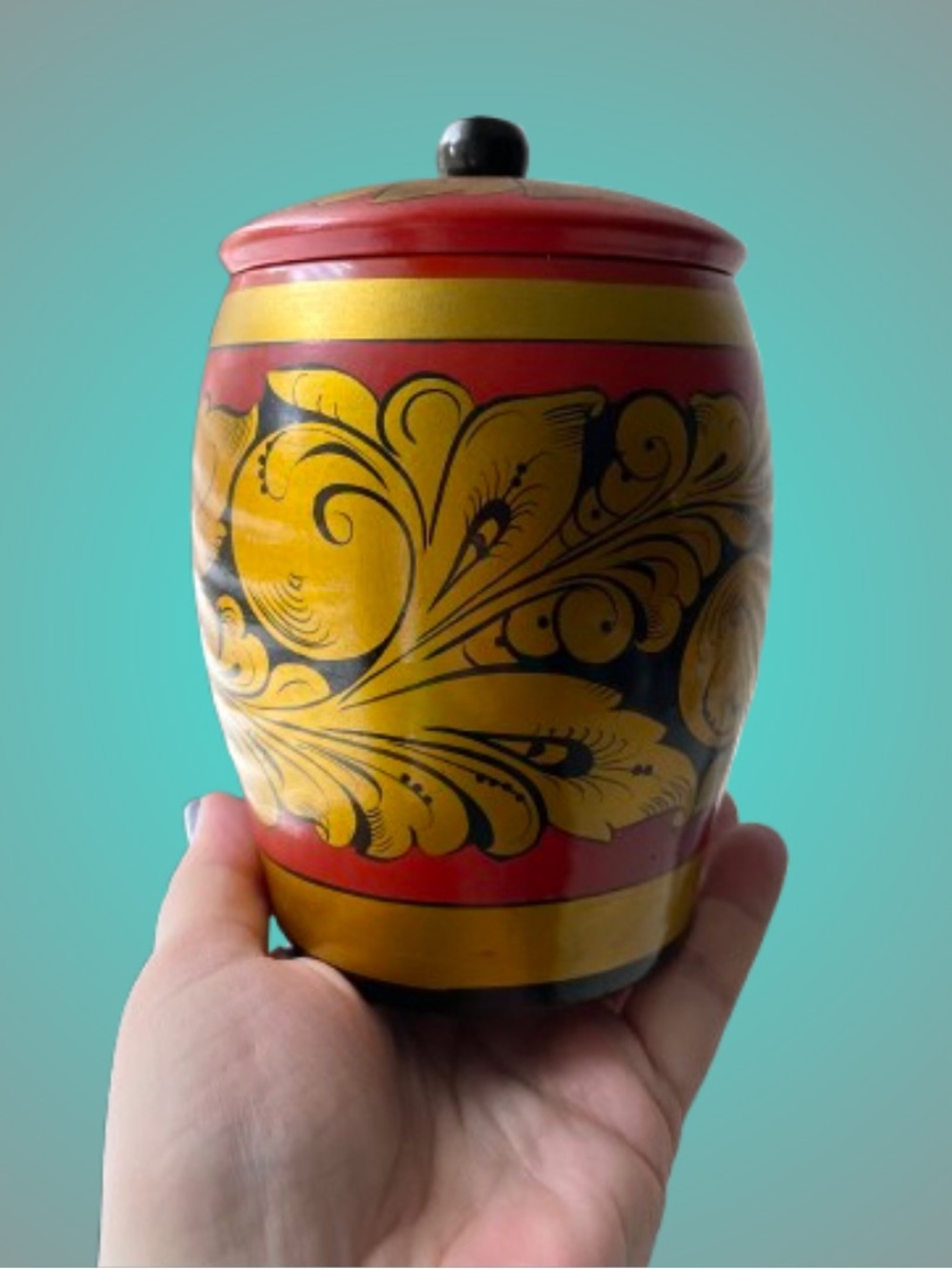 Vintage Russian/Soviet painted wood/lacquerware lidded jar rustic traditional